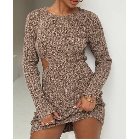 NWT Princess Polly AGENA LONG SLEEVE MINI DRESS BROWN size S/M - Picture 1 of 10